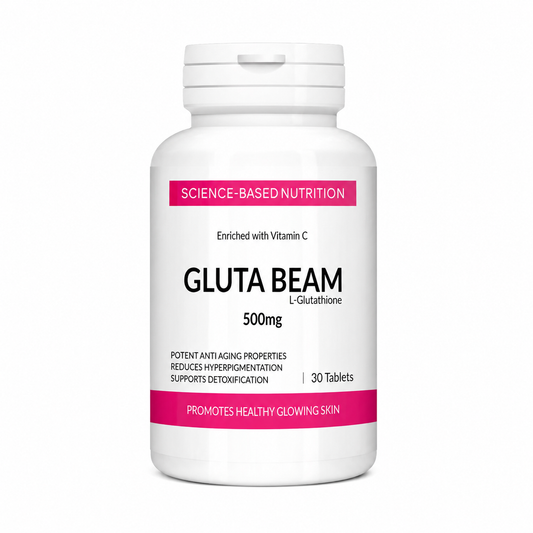 Gluta Beam L-Glutathione 500mg Tablets | Skin Whitening, Anti-Aging & Detox Supplement Enriched with Vitamin C – 30 Tablets