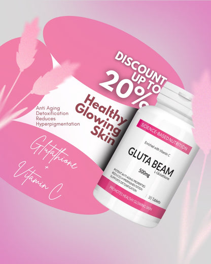 Gluta Beam L-Glutathione 500mg Tablets | Skin Whitening, Anti-Aging & Detox Supplement Enriched with Vitamin C – 30 Tablets