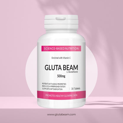 Gluta Beam L-Glutathione 500mg Tablets | Skin Whitening, Anti-Aging & Detox Supplement Enriched with Vitamin C – 30 Tablets