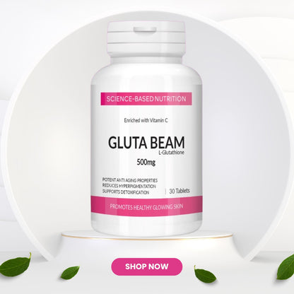 Gluta Beam L-Glutathione 500mg Tablets | Skin Whitening, Anti-Aging & Detox Supplement Enriched with Vitamin C – 30 Tablets